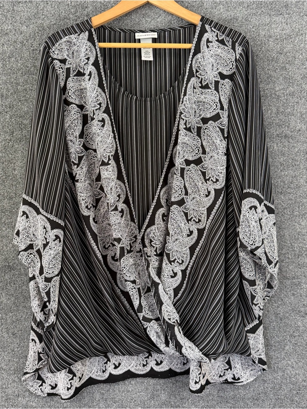 Catherines Womens 2X Faux Wrap Striped Floral Paisley Top 3/4 Sleeve Office Boho